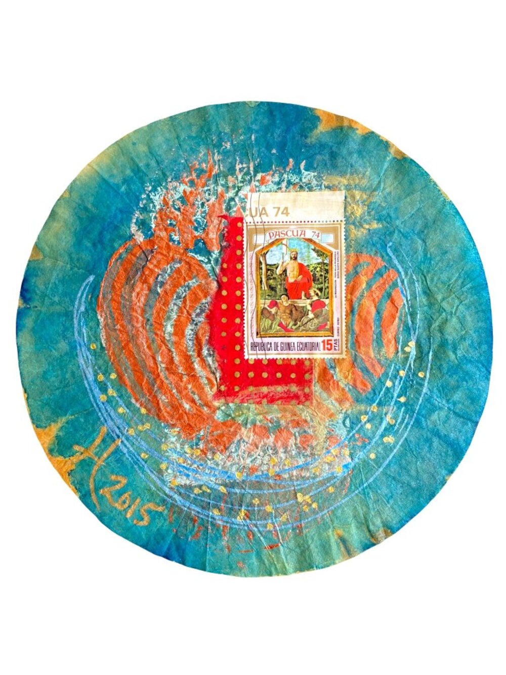 Filtered 5 Original Art Acrylic Collage Painting Round Artwork 7.75in Diameter